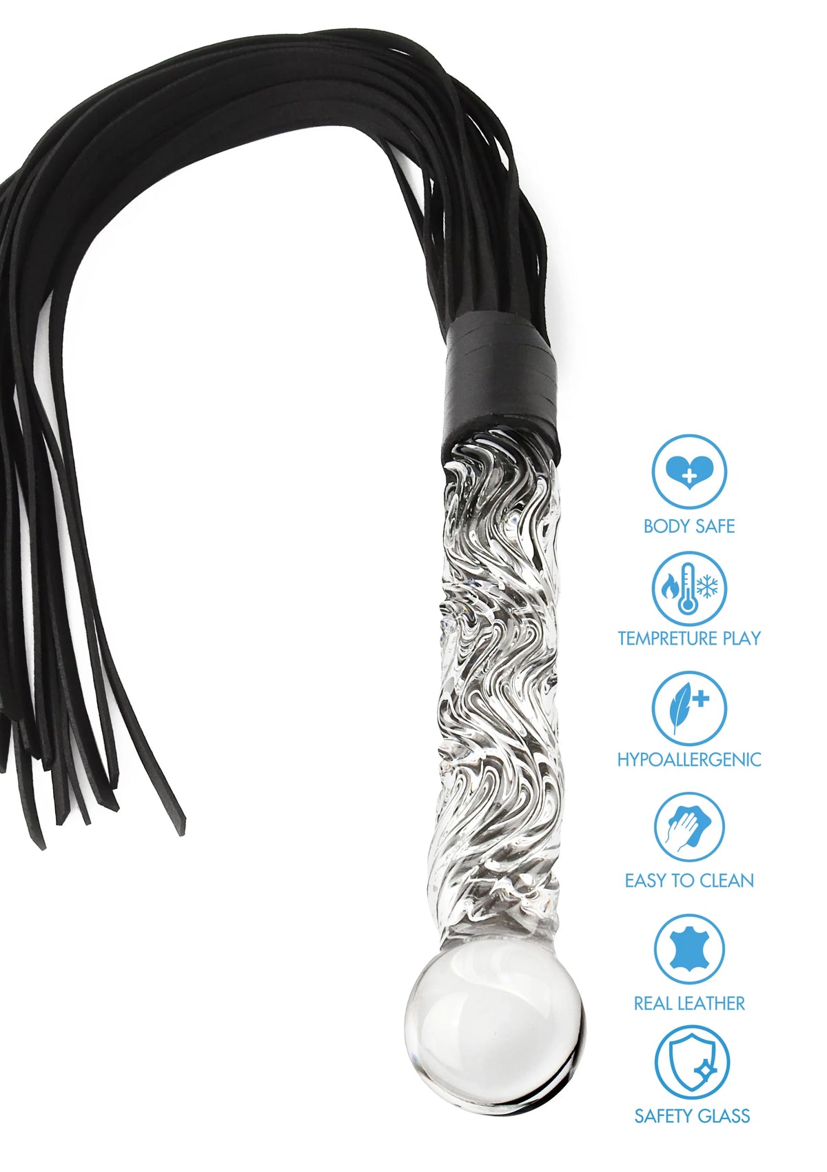 Bestel: Crystal Leather Whip ToyJoy Glass Worxx - bij Happytoys.nl, happytoys.be, Happytoys.ae: erotische sex webshop | liever Happy dan Easy ⭐⭐⭐⭐⭐