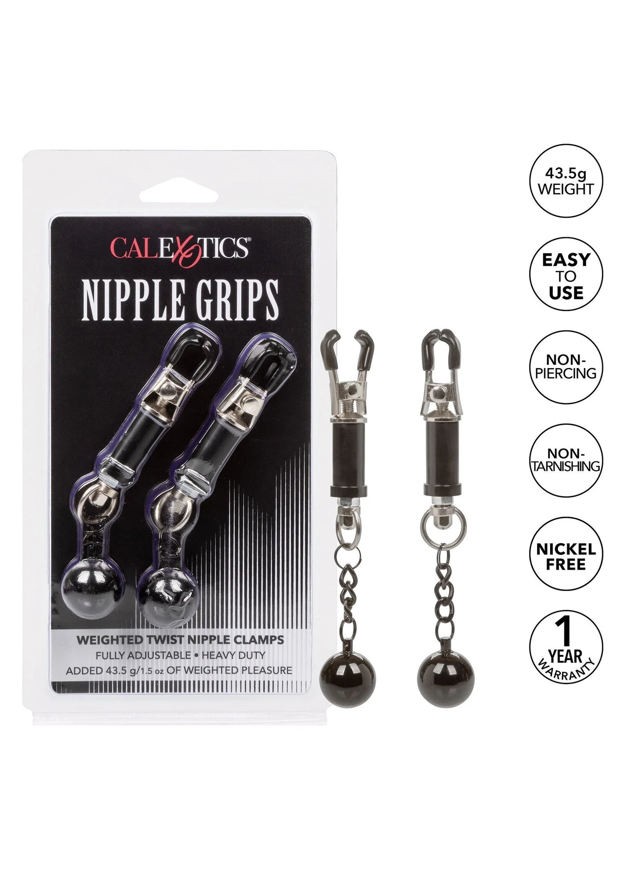 Bestel: Nipple Grips Weighted Twist Nipple Clamps by CalExotics - bij Happytoys.nl, happytoys.be, Happytoys.ae: erotische sex webshop | liever Happy dan Easy ⭐⭐⭐⭐⭐