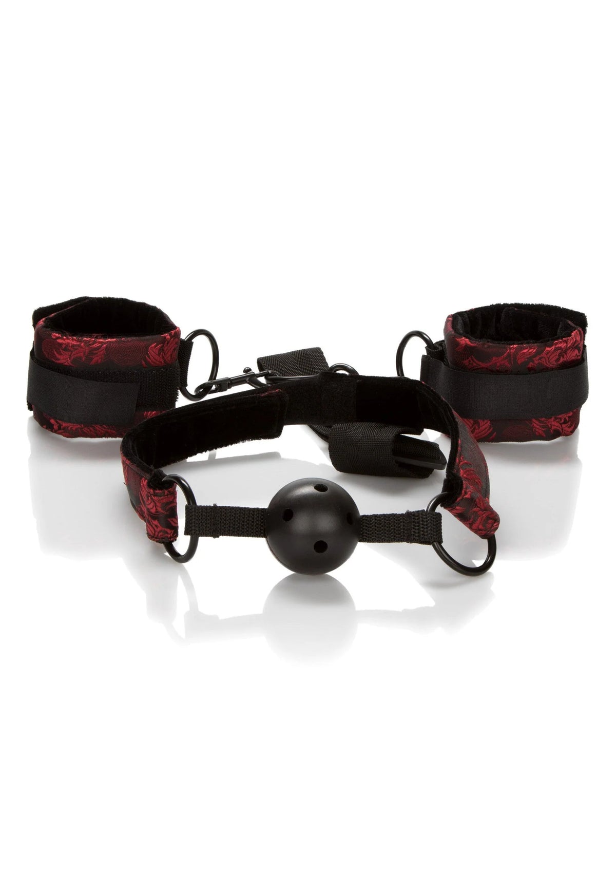 Bestel: Scandal Breathable Ball Gag With Cuffs by CalExotics - bij Happytoys.nl, happytoys.be, Happytoys.ae: erotische sex webshop | liever Happy dan Easy ⭐⭐⭐⭐⭐ - Default Title - 12990 - BLACK