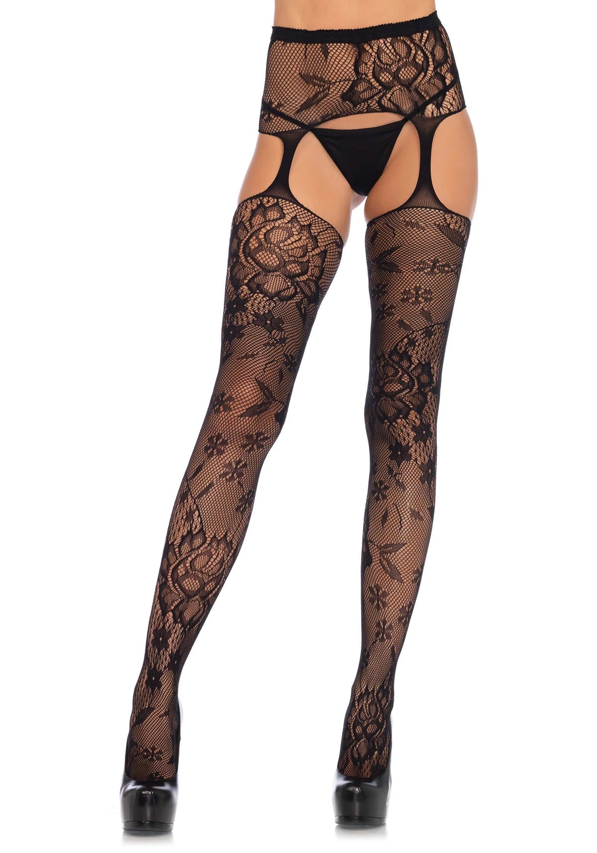 Bestel: Floral Lace Stockings with Garter Belt - bij Happytoys.nl, happytoys.be, Happytoys.ae: erotische sex webshop | liever Happy dan Easy ⭐⭐⭐⭐⭐ - Default Title - 85150 - BLACK - O/S