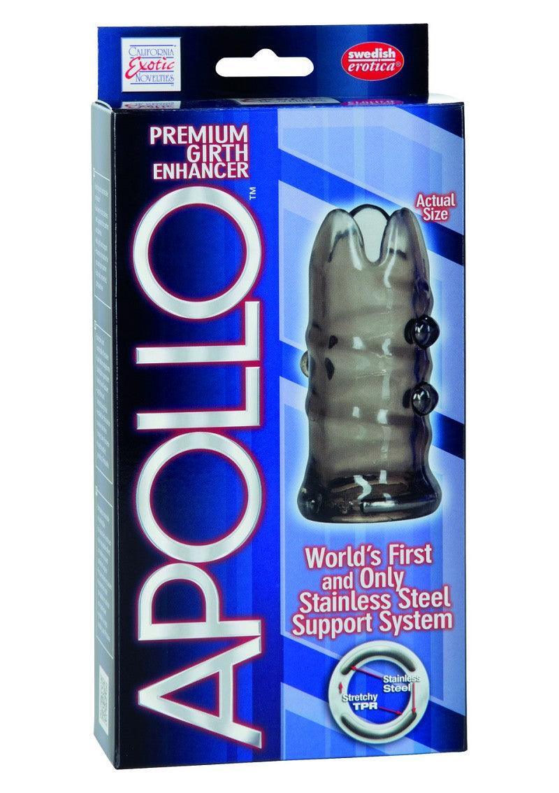 CalExotics Apollo premium girth enhancer penis sleeve with stainless steel support system in blue packaging