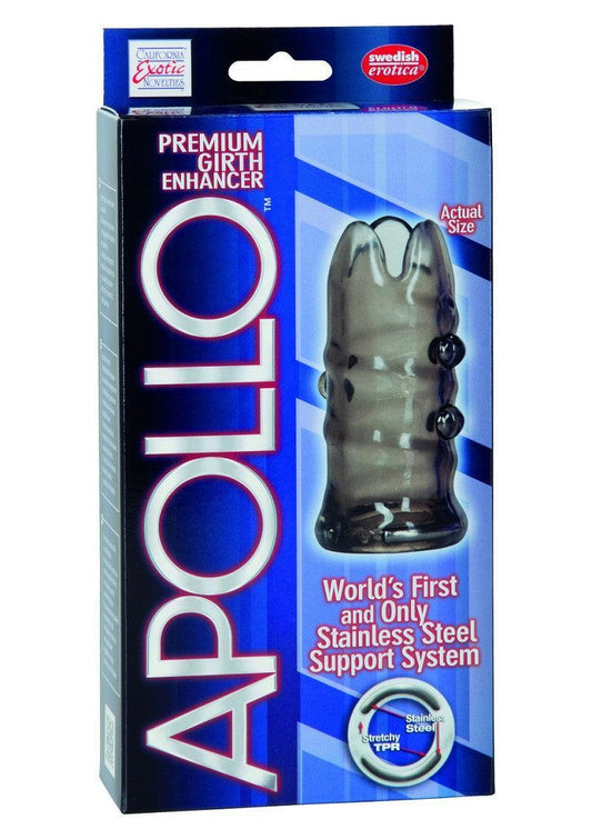 CalExotics Apollo premium girth enhancer penis sleeve with stainless steel support system in blue packaging