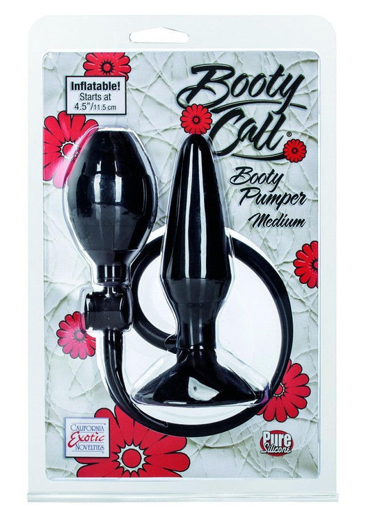 Booty Call Booty Pumper Medium inflatable black silicone butt plug in clear packaging with red flowers