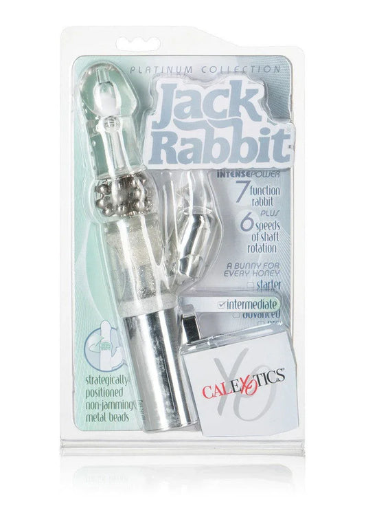 Platinum Collection Jack Rabbit vibrator in retail packaging, silver with CalExotics branding