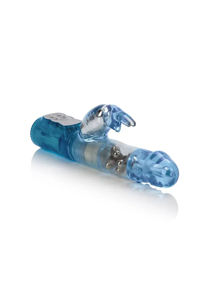 Blue waterproof Jack Rabbit vibrator with rotating beads and rabbit-shaped stimulator