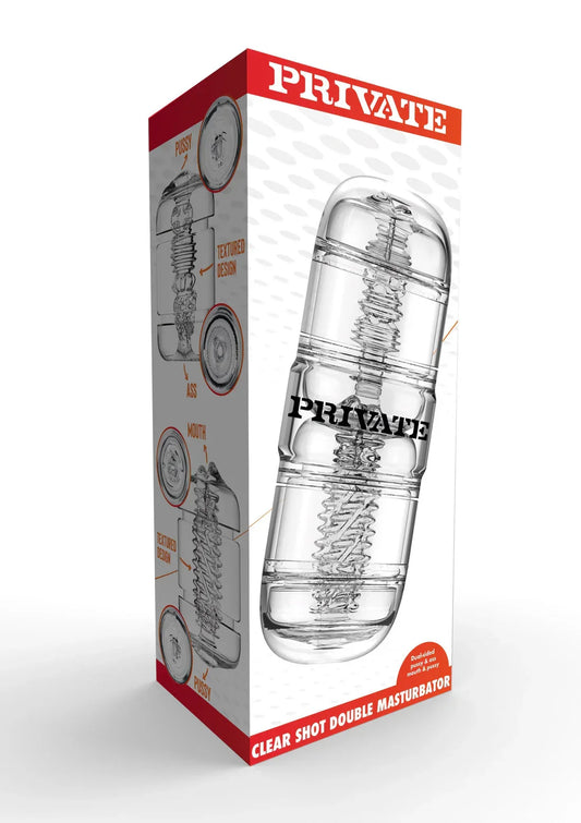 Clear Shot Double Masturbator by Private - Happytoys Sexshop: online sex shop for Feeling Happy & Easy 😊 - Discreet geleverd