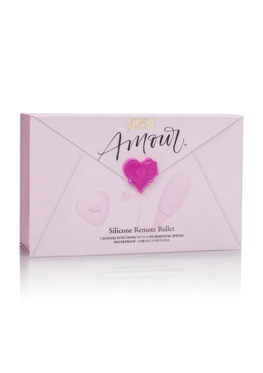Jopen Amour Silicone Remote Bullet pink packaging with heart-shaped seal and product features
