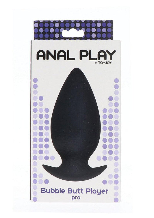 Black silicone anal plug toy against white packaging with purple dots, labeled Anal Play Bubble Butt Player Pro by ToyJoy