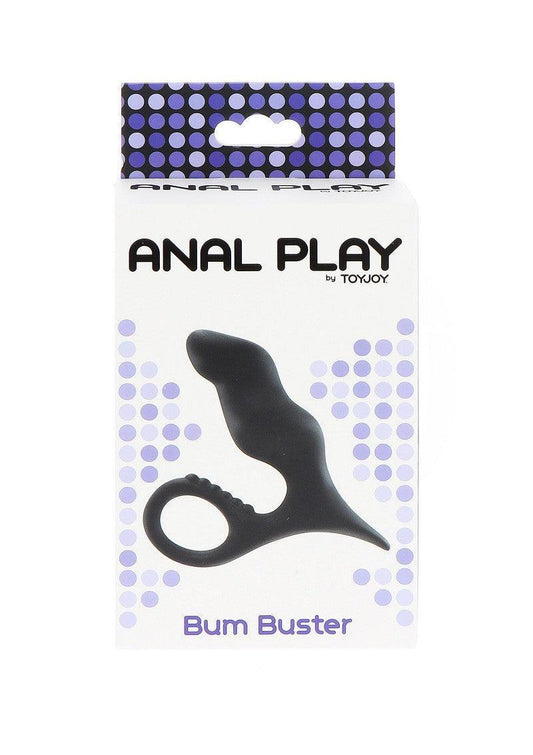 ToyJoy Anal Play Bum Buster black silicone anal toy packaging with purple dotted design