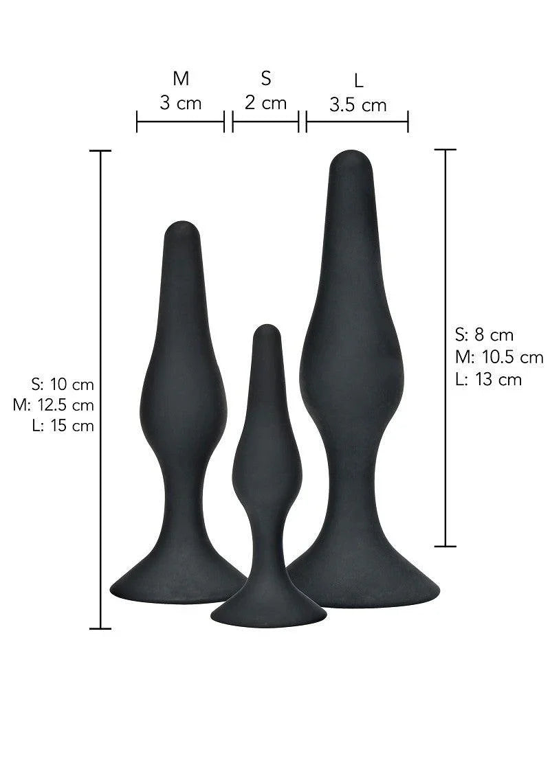 Set of three black silicone anal plugs in small, medium, large sizes with detailed dimensions