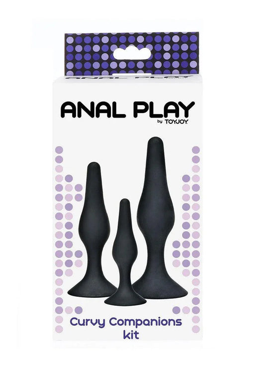 ToyJoy Anal Play Curvy Companions Kit packaging showing three black silicone anal plugs in small, medium, and large sizes