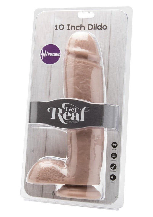 Get Real 10 inch vibrating dildo with suction base in clear packaging by ToyJoy