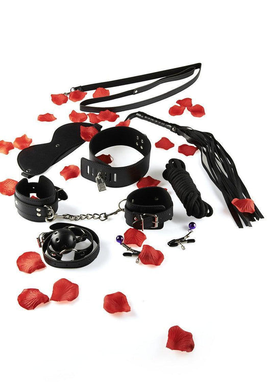 Black BDSM starter kit with blindfold, collar, cuffs, flogger, ball gag, nipple clamps, rope, and red rose petals