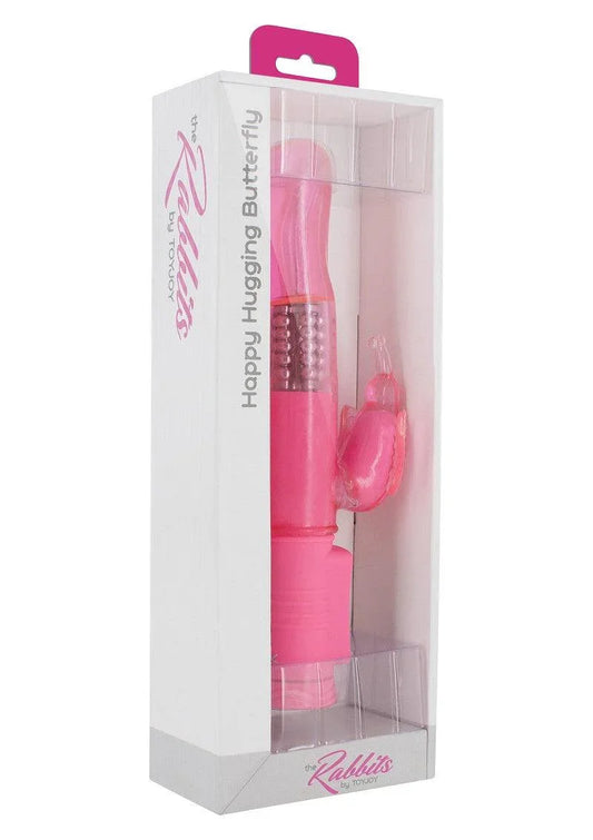 Pink Happy Hugging Butterfly rabbit vibrator in clear retail packaging by ToyJoy