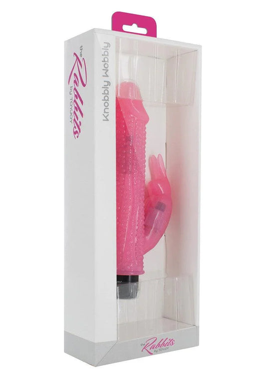 Pink textured Knobbly Wobbly rabbit vibrator in clear white packaging by ToyJoy