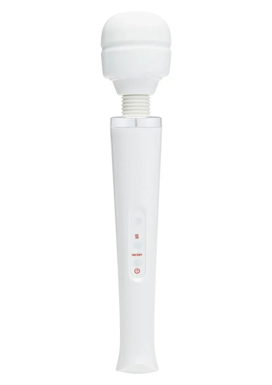 white handheld wand massager with rounded head and on/off buttons on handle