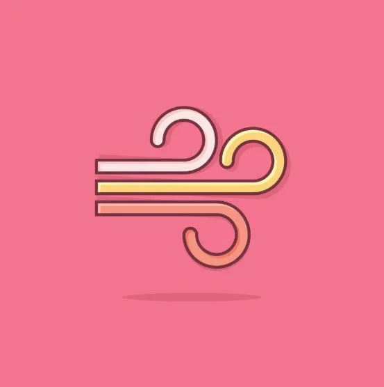 Stylized wind or air flow icon with curved lines in pink, yellow, and orange on pink background