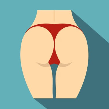 Illustration of a woman’s lower back and buttocks wearing red thong underwear on teal background