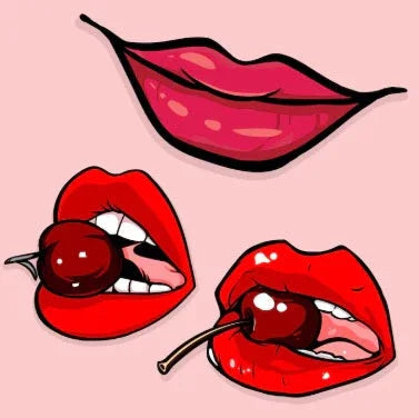 Illustration of red lips holding cherries and smiling lips on a pink background, aphrodisiac theme