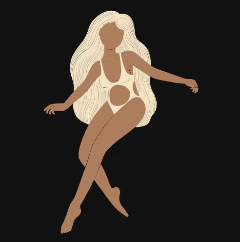 Illustration of a faceless woman with long blonde hair wearing a cutout white bodystocking on black background