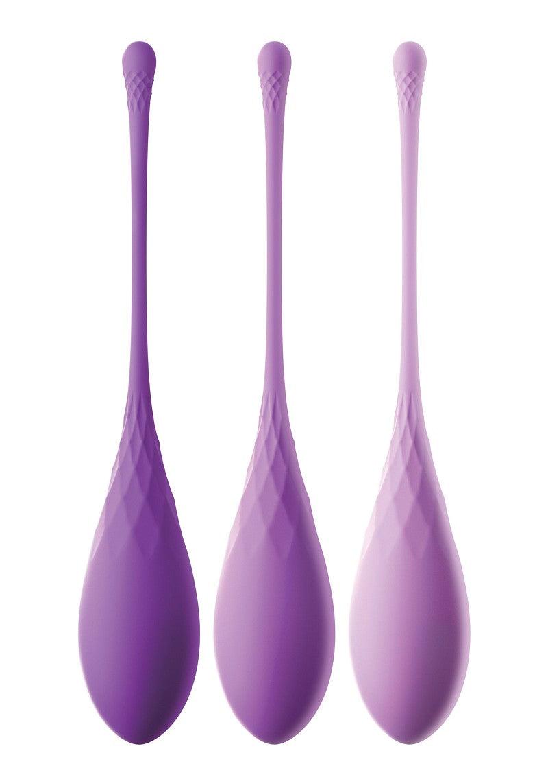 Three purple silicone pelvic floor trainers with textured handles on a white background