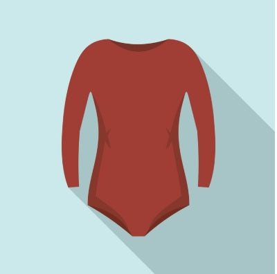 Red long-sleeve bodysuit flat lay on light blue background with shadow