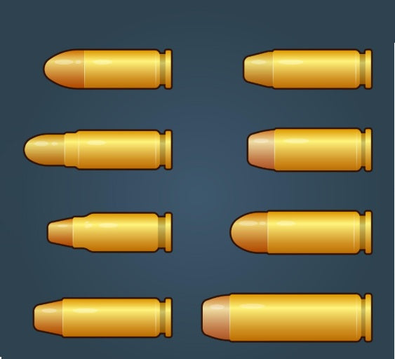 Vector illustration of eight different golden bullet cartridges displayed on dark blue background