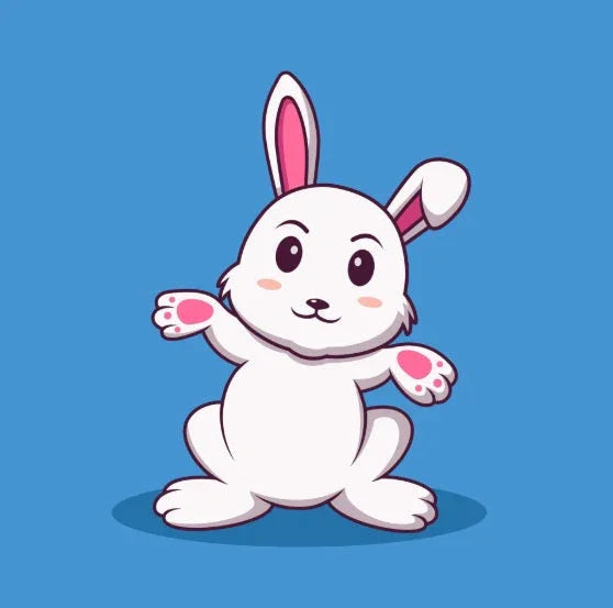 Cute white cartoon bunny with pink ears and paws sitting against a blue background