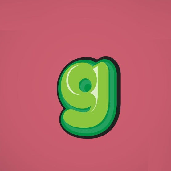 Glossy green 3D letter G on a pink background, modern graphic design element