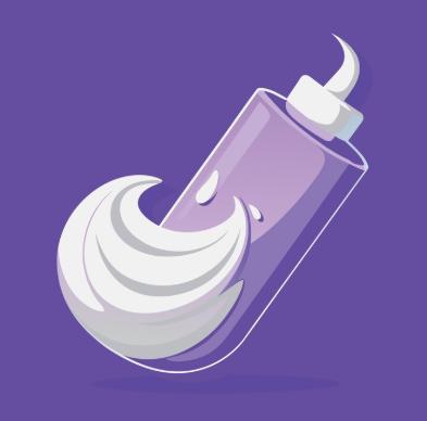 Purple bottle dispensing white lubricant cream on a purple background, sexual wellness product