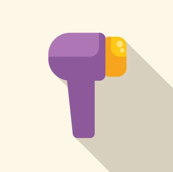 Flat design of a purple and yellow mini plug-in vibrating massager with long shadow on a beige background