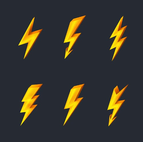 Six different yellow 3D lightning bolt icons on a dark background, symbolizing energy and electricity