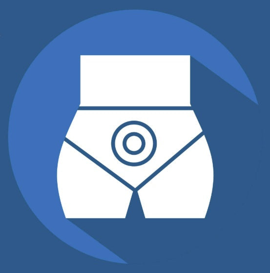Blue circular icon with white silhouette of underwear featuring a target symbol on the front