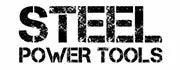 Black and white logo of Steel Power Tools with bold, distressed text