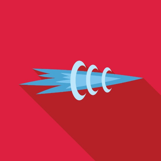 blue abstract arrow with three crescent shapes on a red background, digital flat design