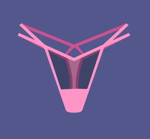 Pink strappy thong underwear with multiple thin straps on a dark purple background