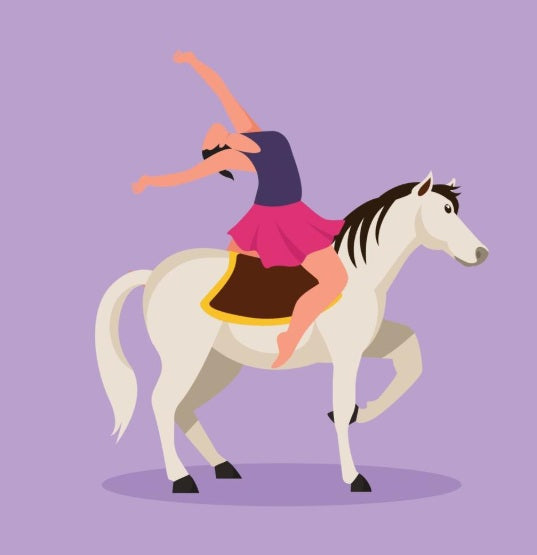 Illustration of a woman in a pink skirt and navy top stretching back while riding a white horse with a brown saddle on a purple background