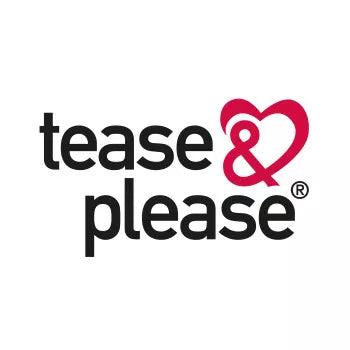 Tease & Please logo with black text and red heart-shaped ampersand on white background