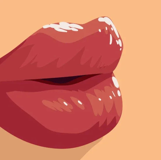 Close-up illustration of glossy red lips on a peach background with light reflections
