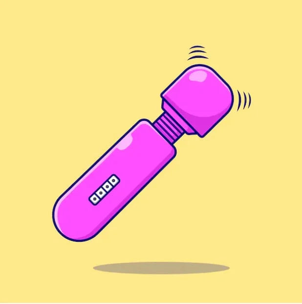 Illustration of a pink handheld vibrating massage wand on yellow background