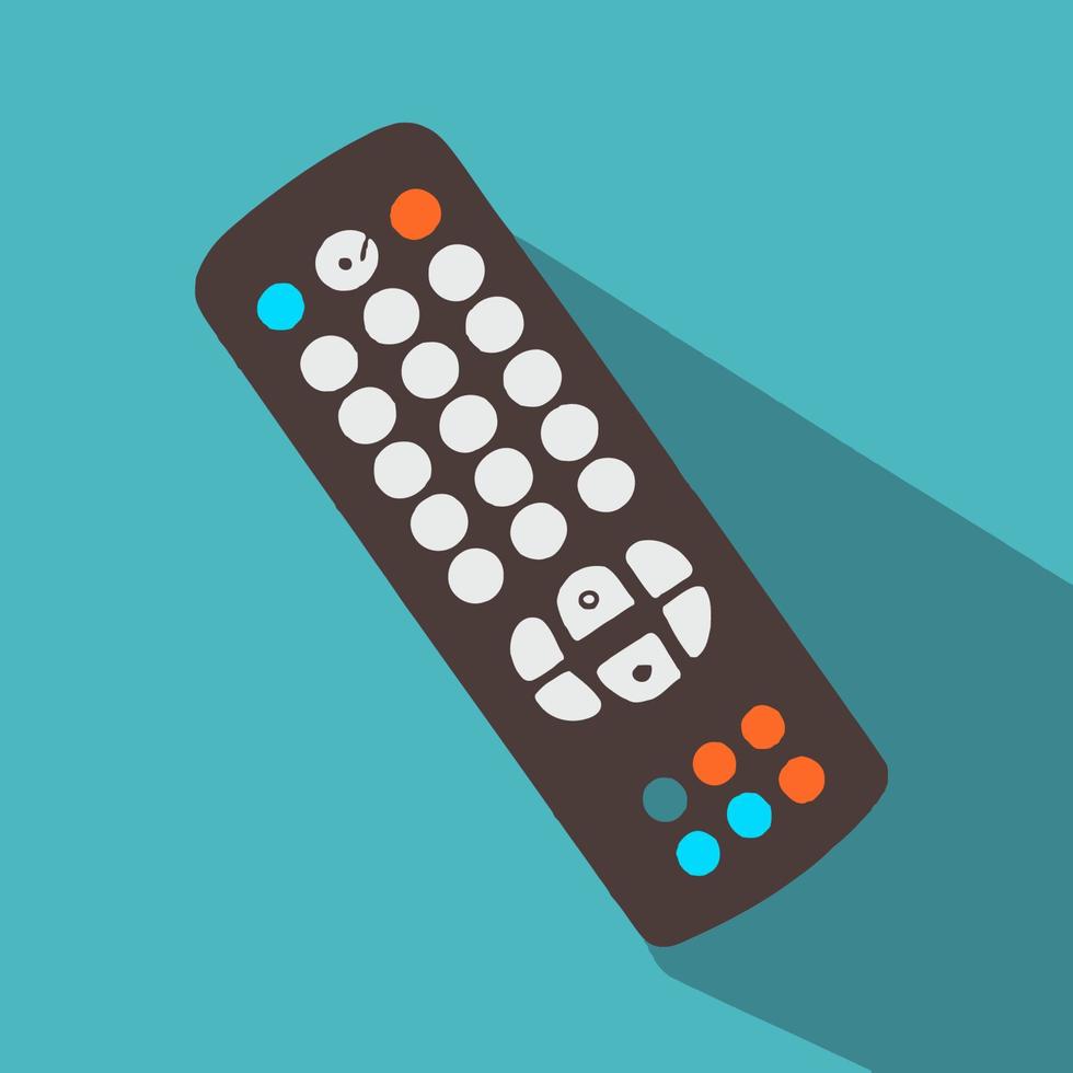 Black remote control with white, orange, and blue buttons on turquoise background