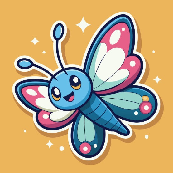 Cartoon-style happy blue butterfly with pink and white wings on mustard background