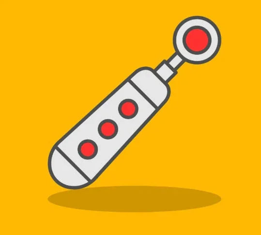 Stylized graphic of a white wand massager with red buttons and circular head on an orange background