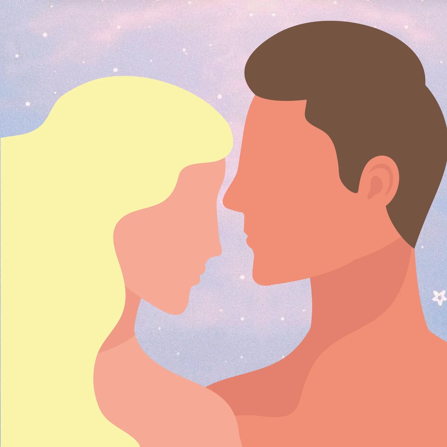 Illustration of a man and woman facing each other against a pastel starry background