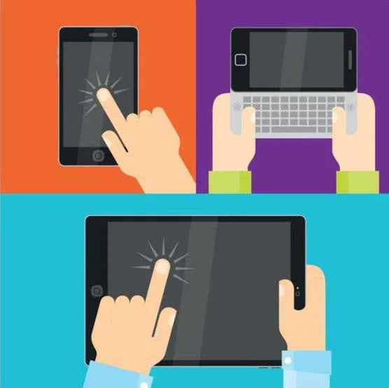 Vector illustration of hands interacting with touchscreen devices including smartphone, tablet, and handheld keyboard phone