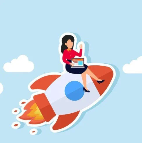 Illustration of a woman in red and black sitting on a rocket, holding a laptop, flying in blue sky with clouds