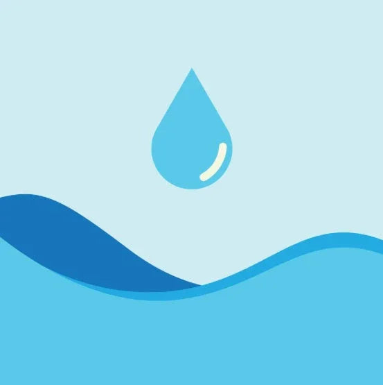 Blue water droplet above stylized ocean waves on light blue background, symbolizing waterproof quality