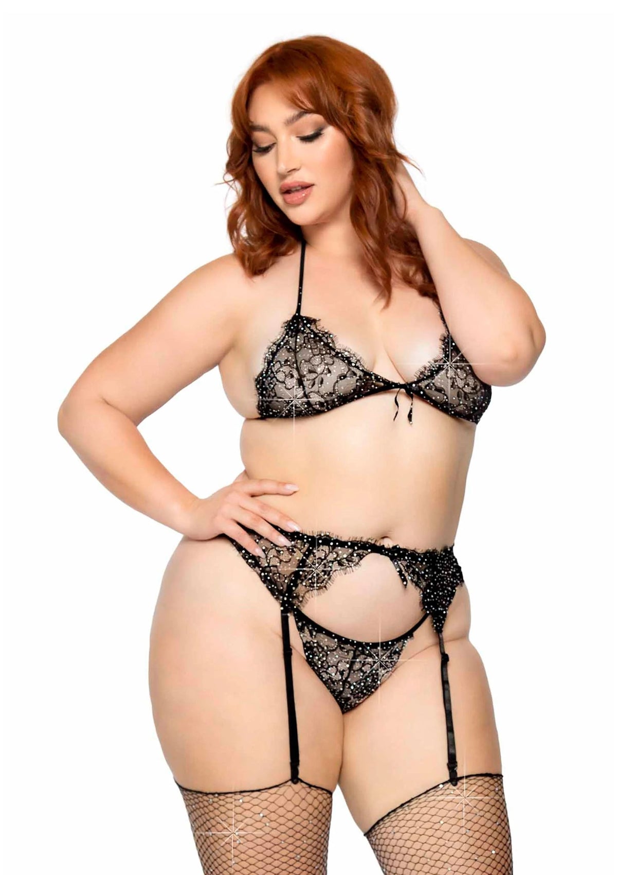 Bestel: Plus Lace Bra Top, String and Garter Belt by Leg Avenue - bij Happytoys: de erotische sex webshop | liever Happy dan Easy ⭐⭐⭐⭐⭐
