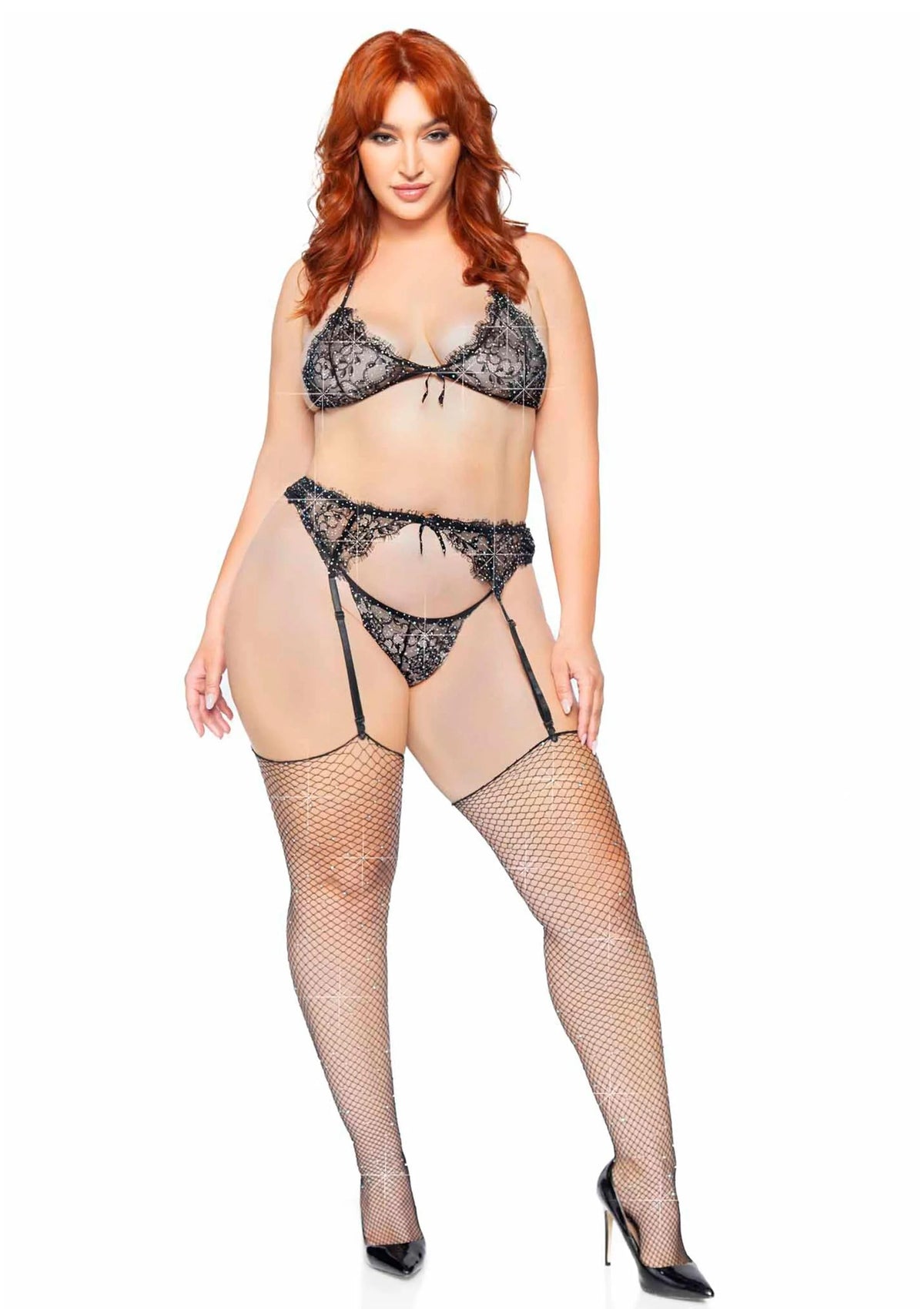Bestel: Plus Lace Bra Top, String and Garter Belt by Leg Avenue - bij Happytoys: de erotische sex webshop | liever Happy dan Easy ⭐⭐⭐⭐⭐
