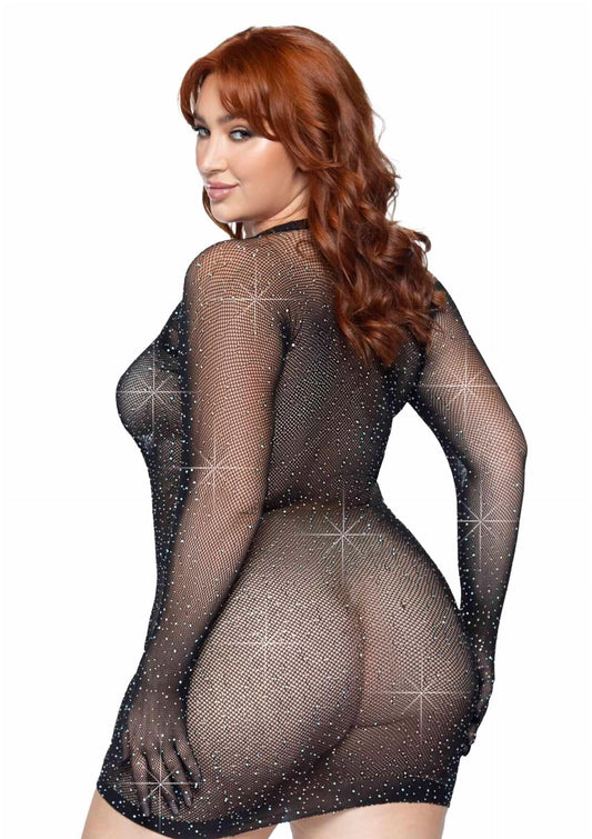 Bestel: Plus Rhinestone Fishnet Gloved Mini Dress - bij Happytoys: de erotische sex webshop | liever Happy dan Easy ⭐⭐⭐⭐⭐